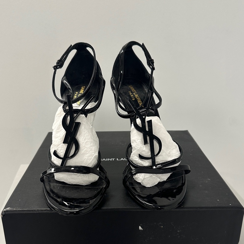 Saint Laurent Glossy Black Strappy Heels